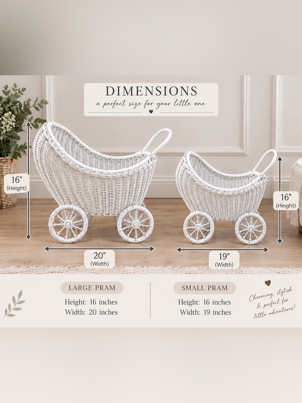 Handcrafted White Wicker Doll Pram by - Picture 6 of 6